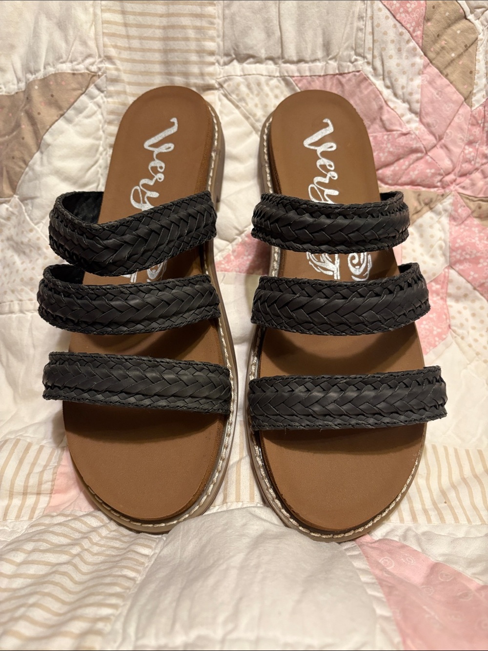 Very G Black Braided Triple-Strap Slide Sandals Size 9.5